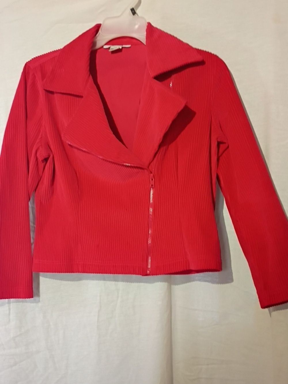 Bright Red Cotton Corduroy Ribbed Cropped Asymmetrical Zip Bomber Jacket, NWOT